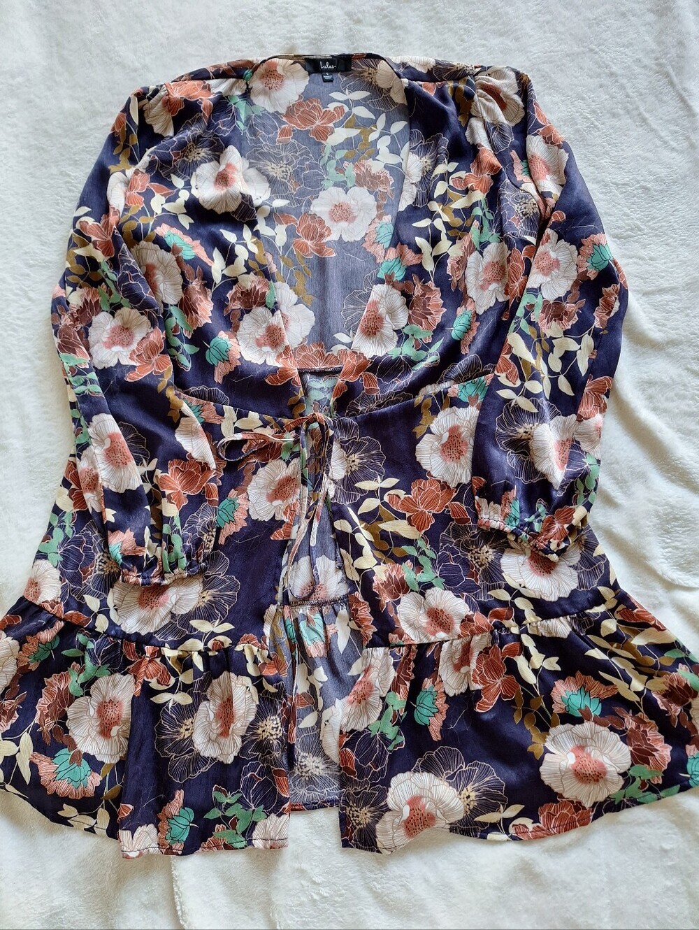 Lulus Floral Tie Front Ruffle Cardigan Top Kimono Navy L